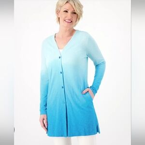 Denim & Co Beach Blue Dip Dye LS Cardigan Sweater NWT Size M